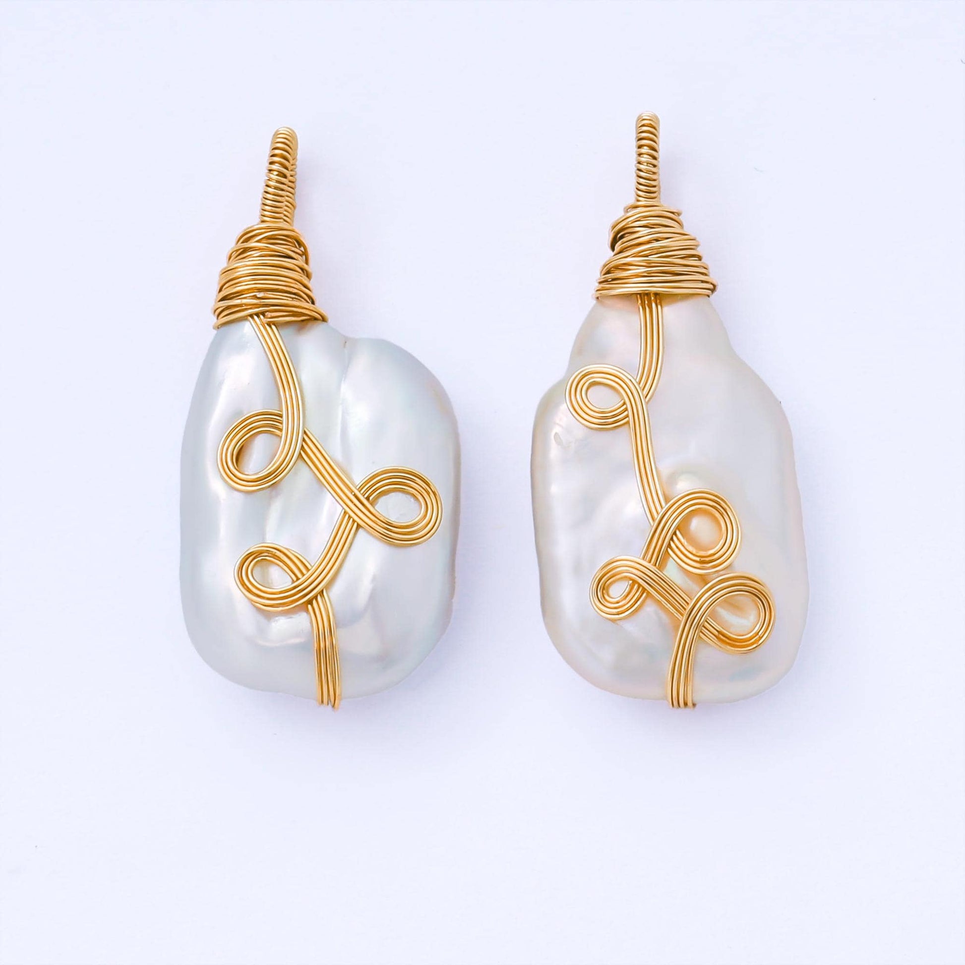 Big Pearl with Gold Plated 34mm White Oval Baroque Freshwater Pearl Multiple Wire Wrapped Charm | AF-579