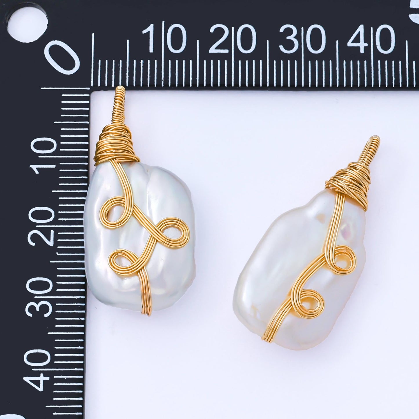Big Pearl with Gold Plated 34mm White Oval Baroque Freshwater Pearl Multiple Wire Wrapped Charm | AF-579