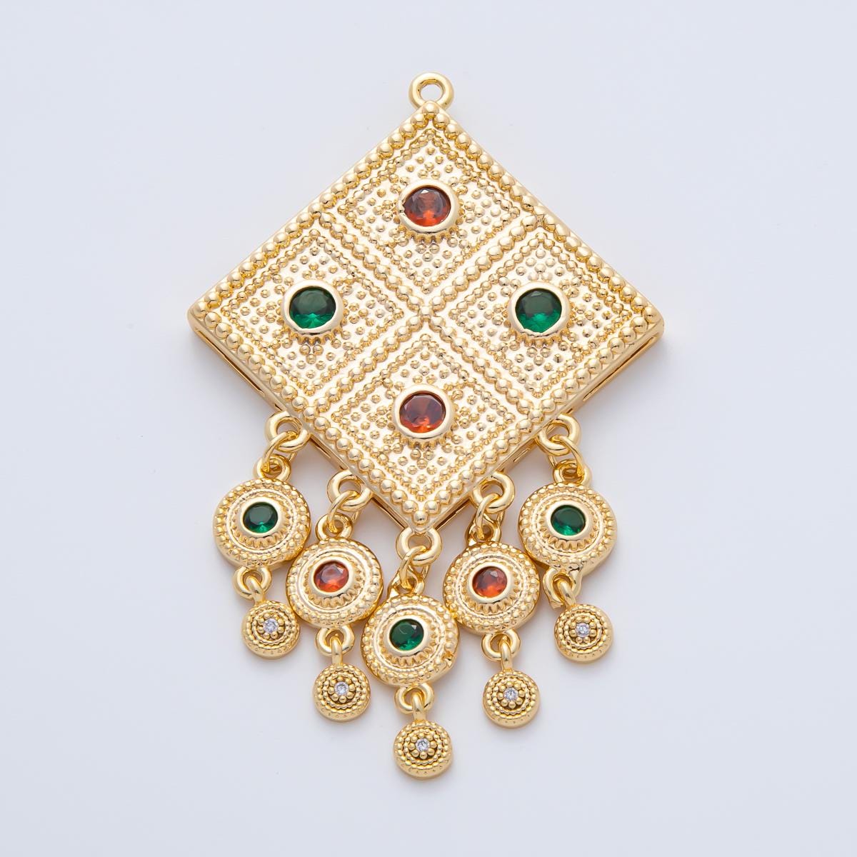18K Gold Filled 64mm Multicolor CZ Artisan Dotted Rhombus Round Drop Charm | AF1417