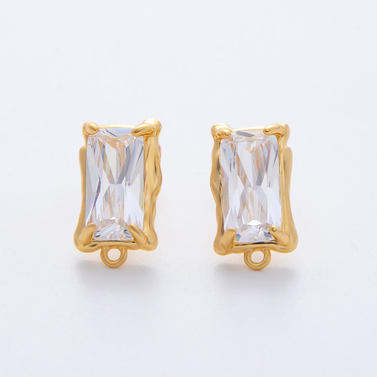 18K Gold Filled Clear Rectangle Baguette CZ Molten Drop Stud Earrings Findings Closed Loop | Z1447