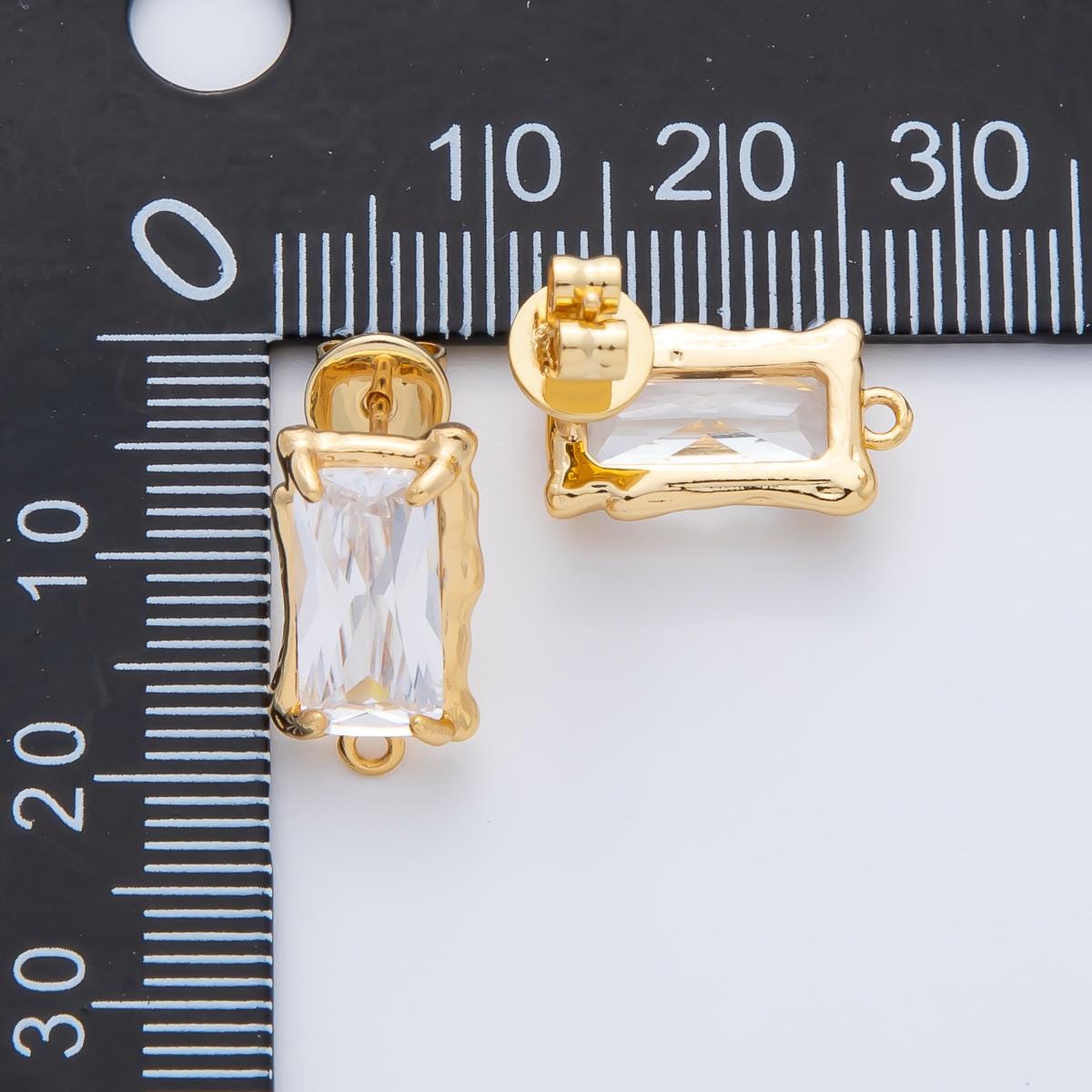 18K Gold Filled Clear Rectangle Baguette CZ Molten Drop Stud Earrings Findings Closed Loop | Z1447