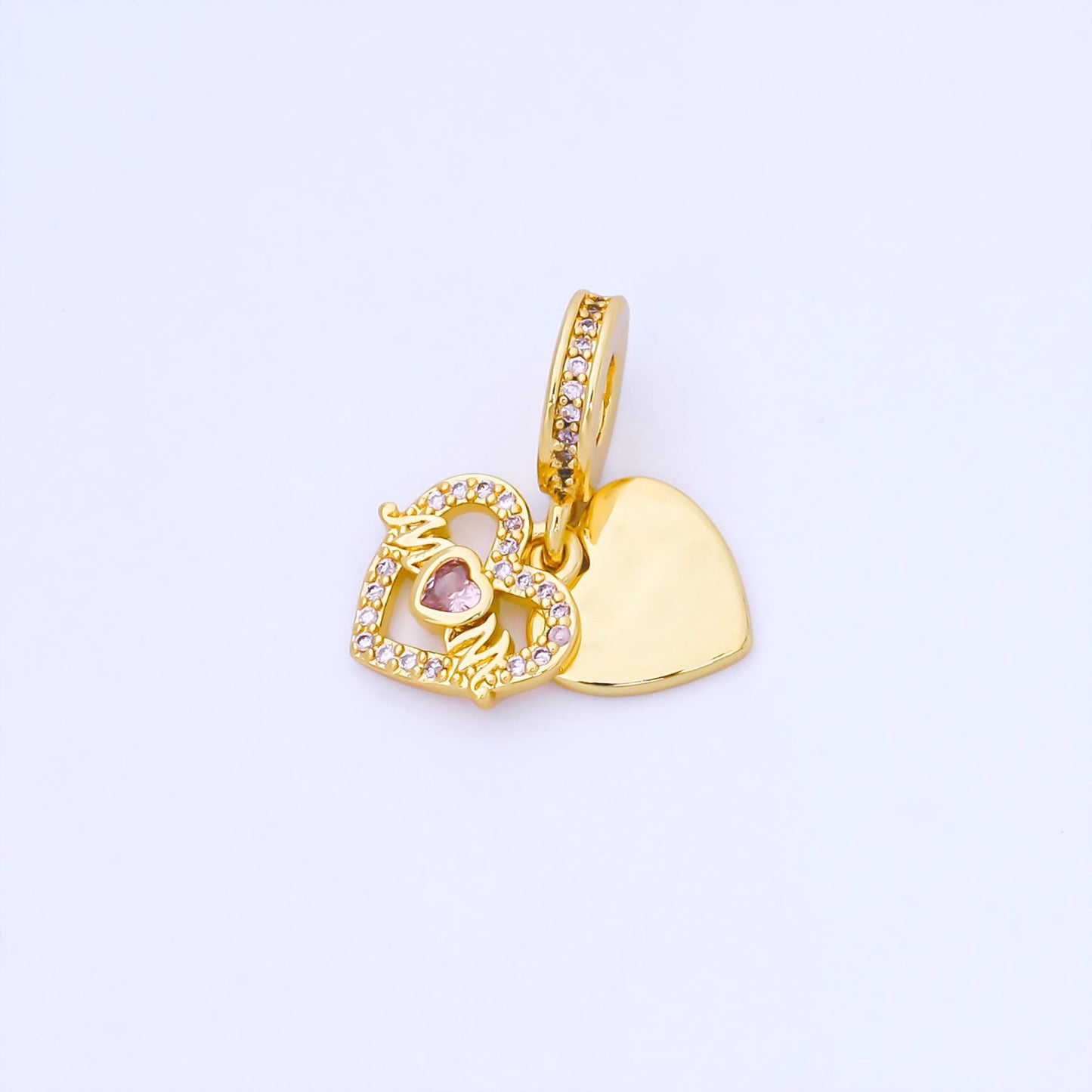 24K Gold Filled "MOM" Double Heart Pink Micro Paved CZ Rondelle Drop Pendant DIY jewelry making supply for necklace bracelet earring| AF1569