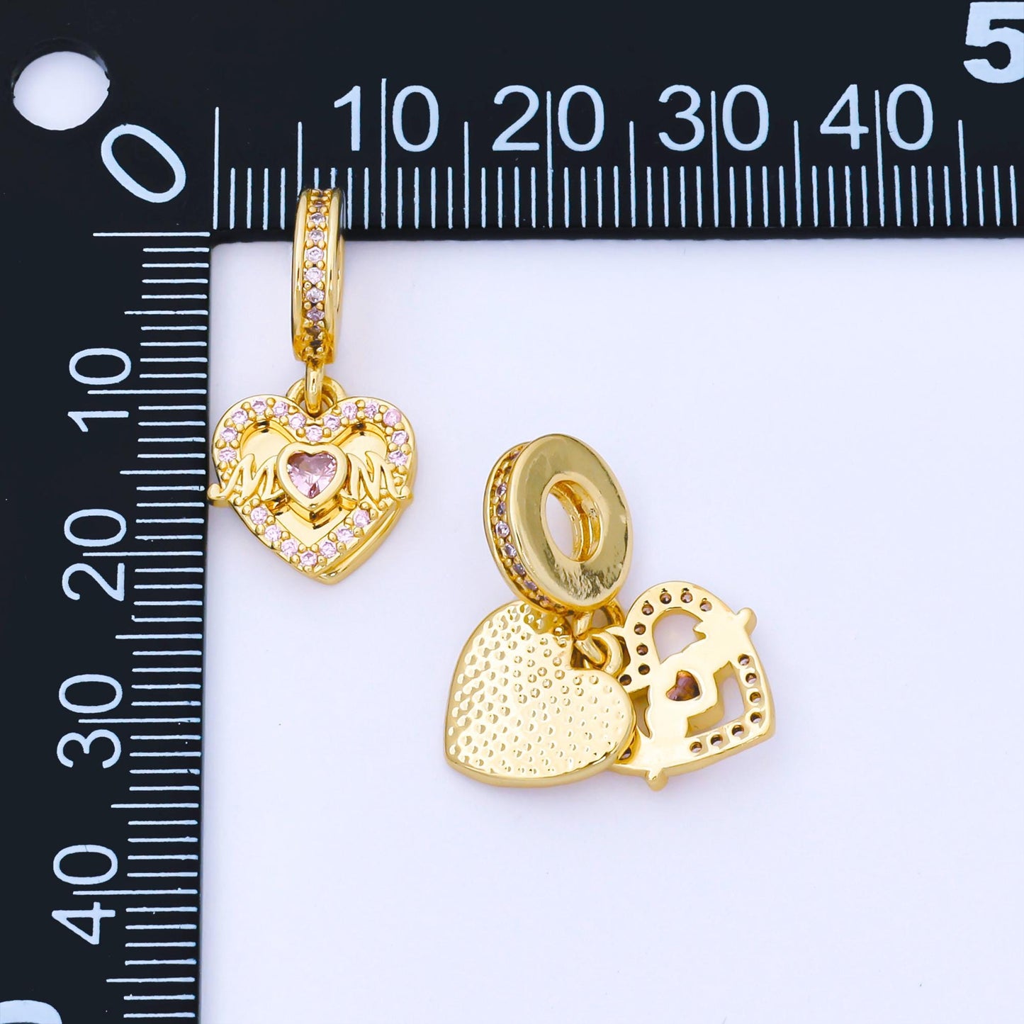24K Gold Filled "MOM" Double Heart Pink Micro Paved CZ Rondelle Drop Pendant DIY jewelry making supply for necklace bracelet earring| AF1569