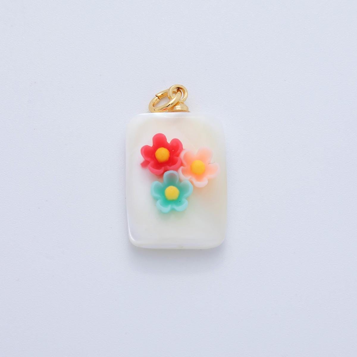Shell pearl pendant Rectangle pearl with Flower for bracelets necklace jewelry orange, purple, green, blue Floral AF-1377