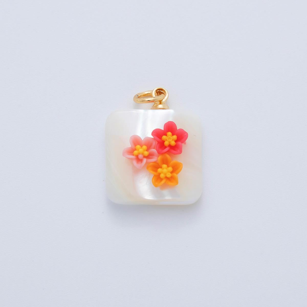 Shell pearl pendant Rectangle pearl with Flower for bracelets necklace jewelry orange, purple, green, blue Floral AF-1377