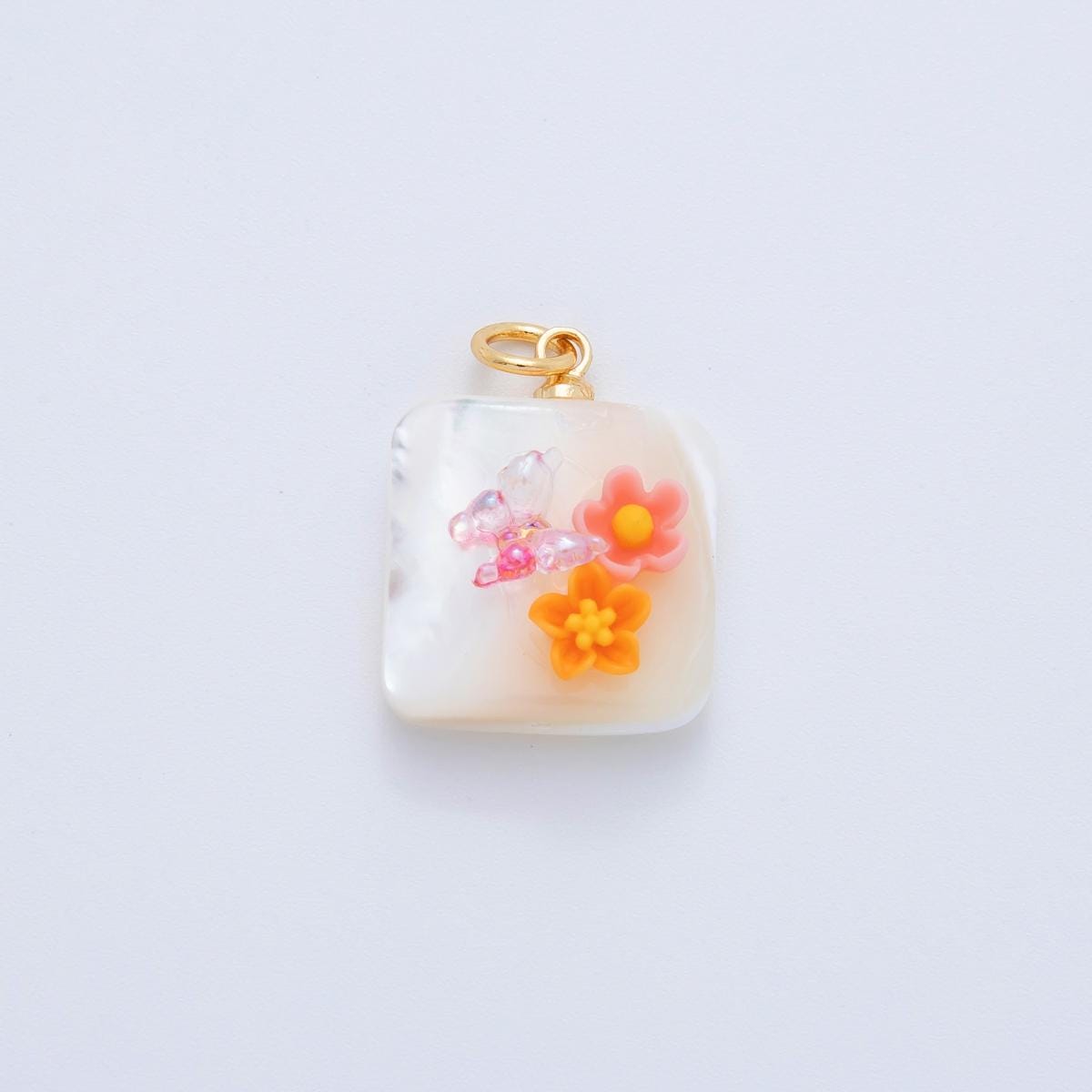 Shell pearl pendant Rectangle pearl with Flower for bracelets necklace jewelry orange, purple, green, blue Floral AF-1377