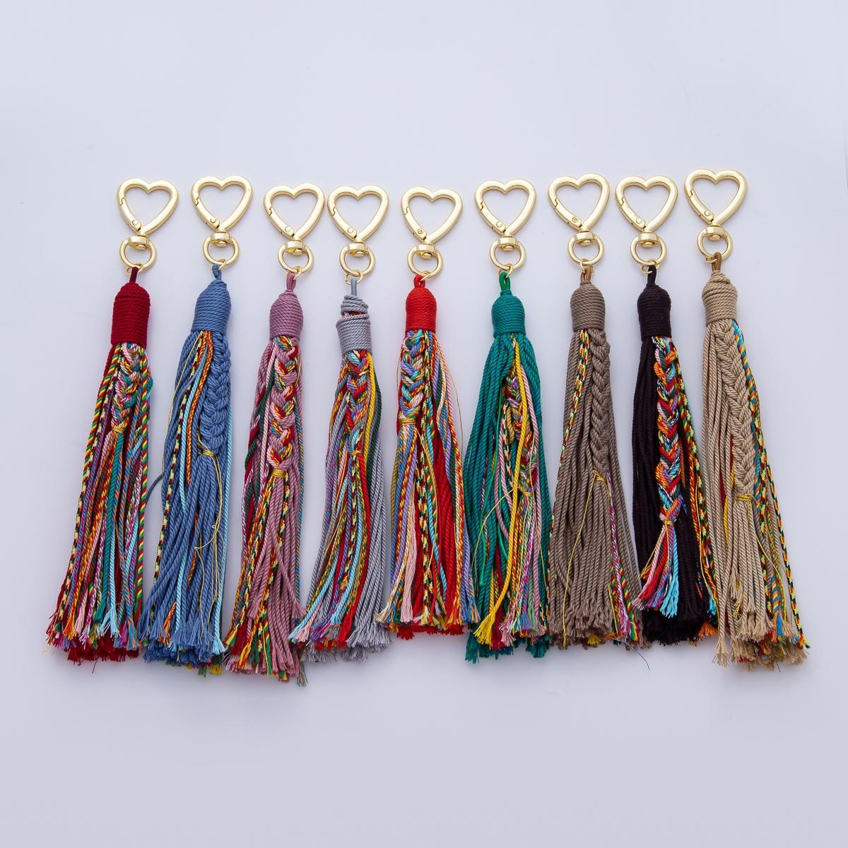 18K Gold Filled 200mm Red, Khaki, Pink Mixed-Knot Tweed Cord Heart Push Gate Keychain Bag Charm Accessory gifts for women bag clip| WB-00220