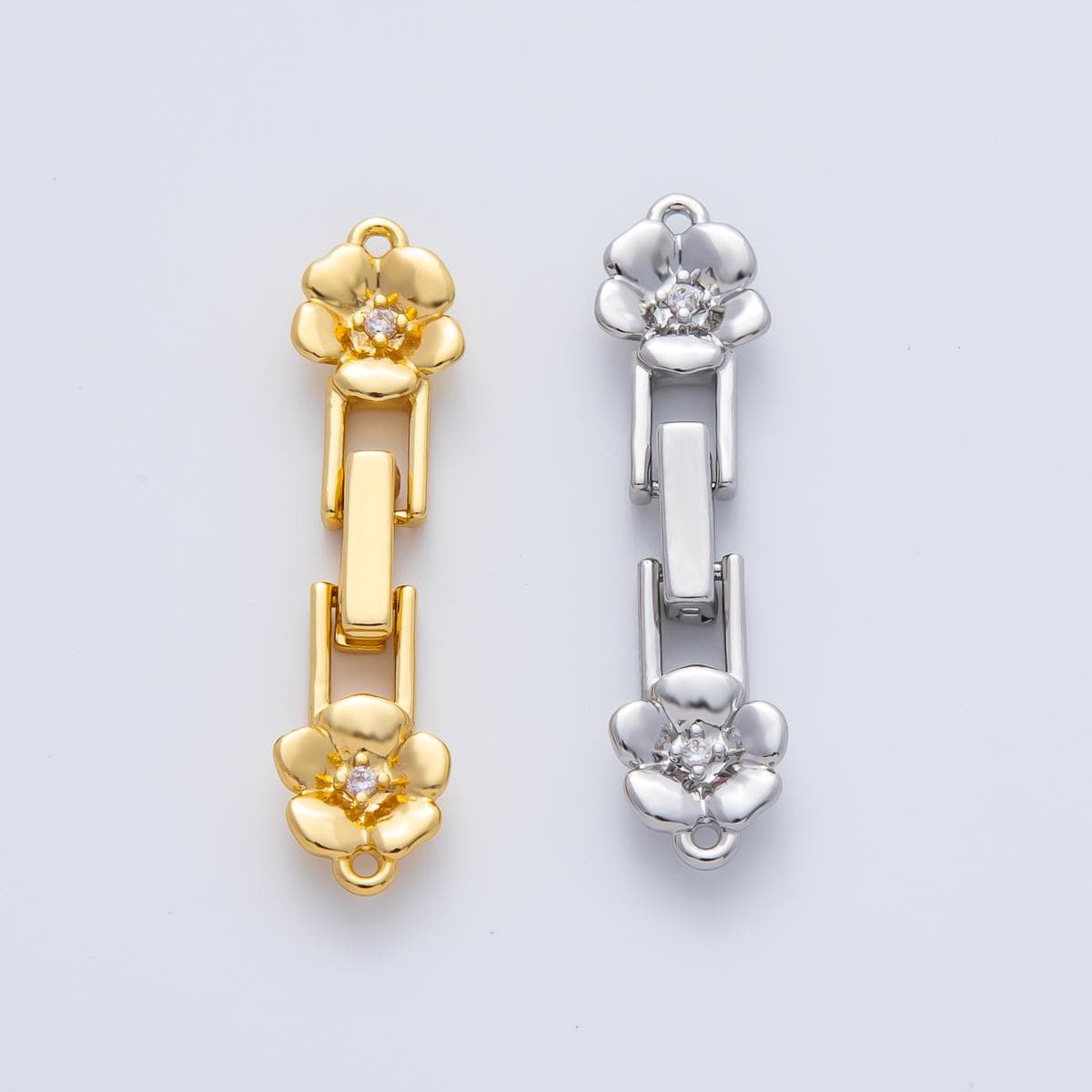 18K Gold Filled 34mm CZ Twin Flower Fold-Over Clasps Closure in Gold & Silver Lock Fastener Double Loop Connector DIY Jewelry Making | Z1455