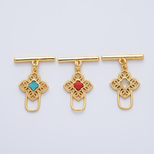 18K Gold Filled Blue, Red, White CZ Clover OT Clasp Dainty Toggle Clasps Closure Finding Bulk Supply for Bracelet Necklace Component | Z1458