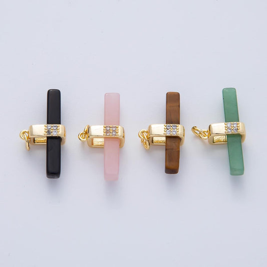 18K Gold Filled 26mm Agate, Aventurine, Rose Quartz, & Tiger Stone Natural Gemstone Bar Charm Bracelet Necklace DIY Jewelry Making | AF1457