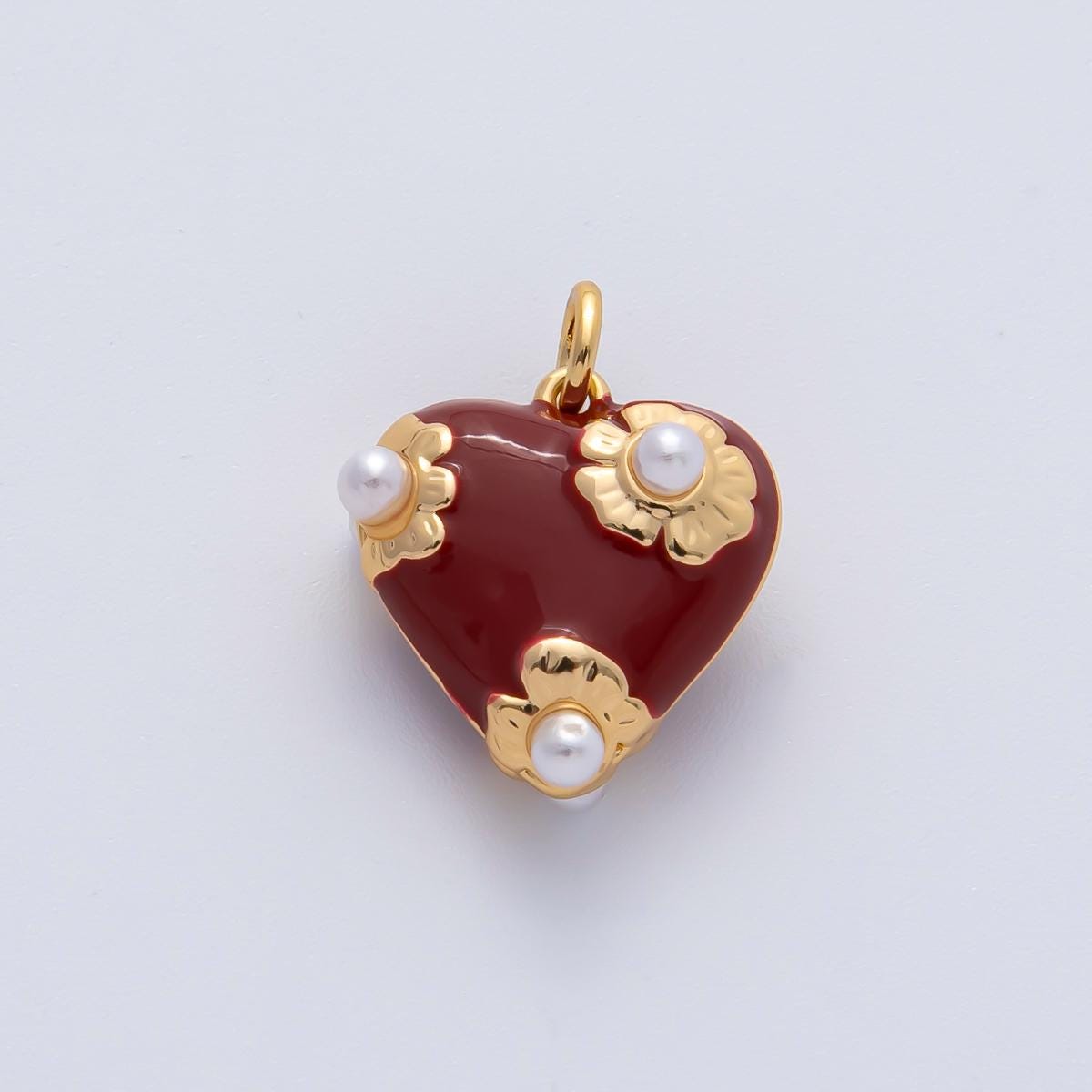 18K Gold Filled Shell Pearl Flower Chubby Heart Multidimensional 3D Charm | N260
