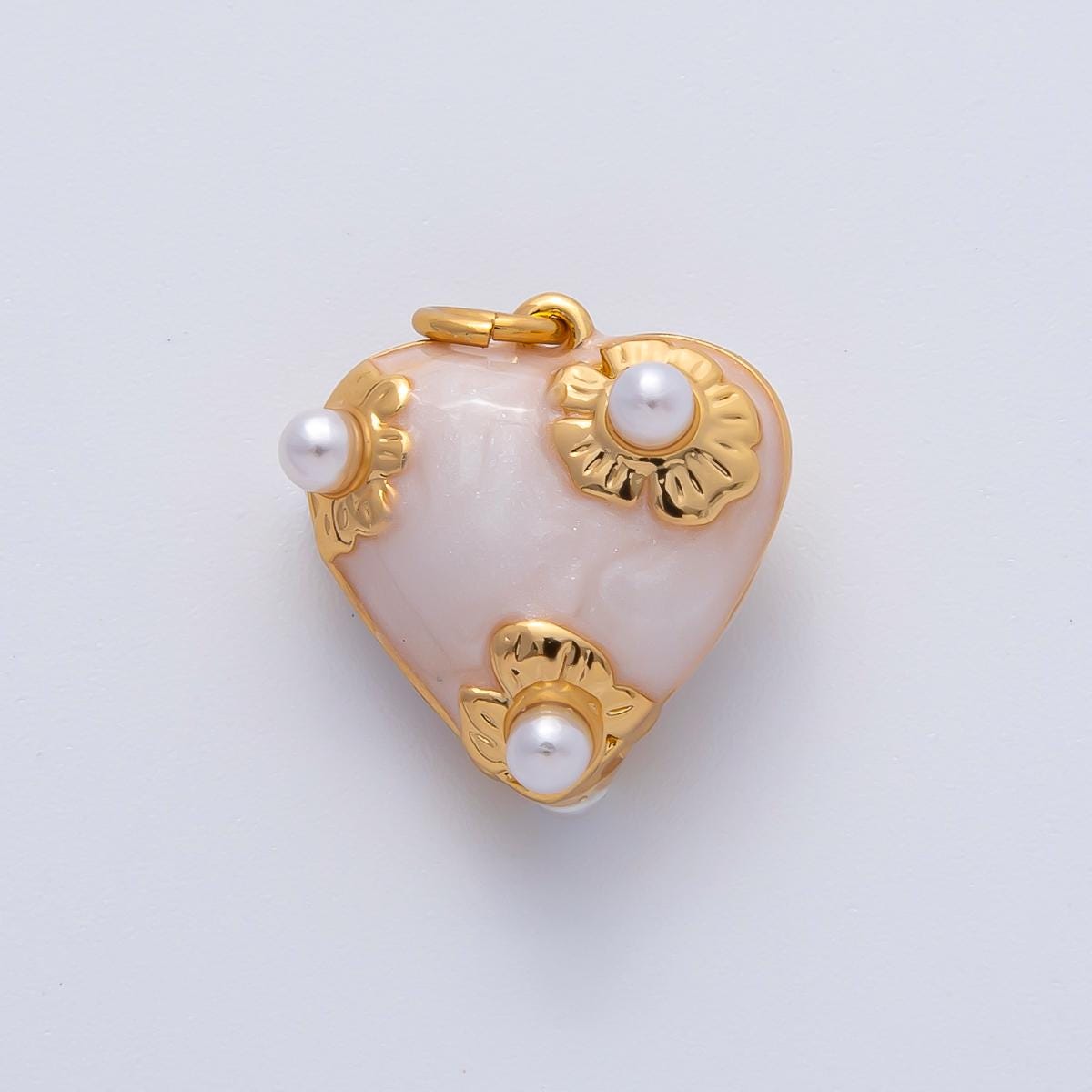 18K Gold Filled Shell Pearl Flower Chubby Heart Multidimensional 3D Charm | N260