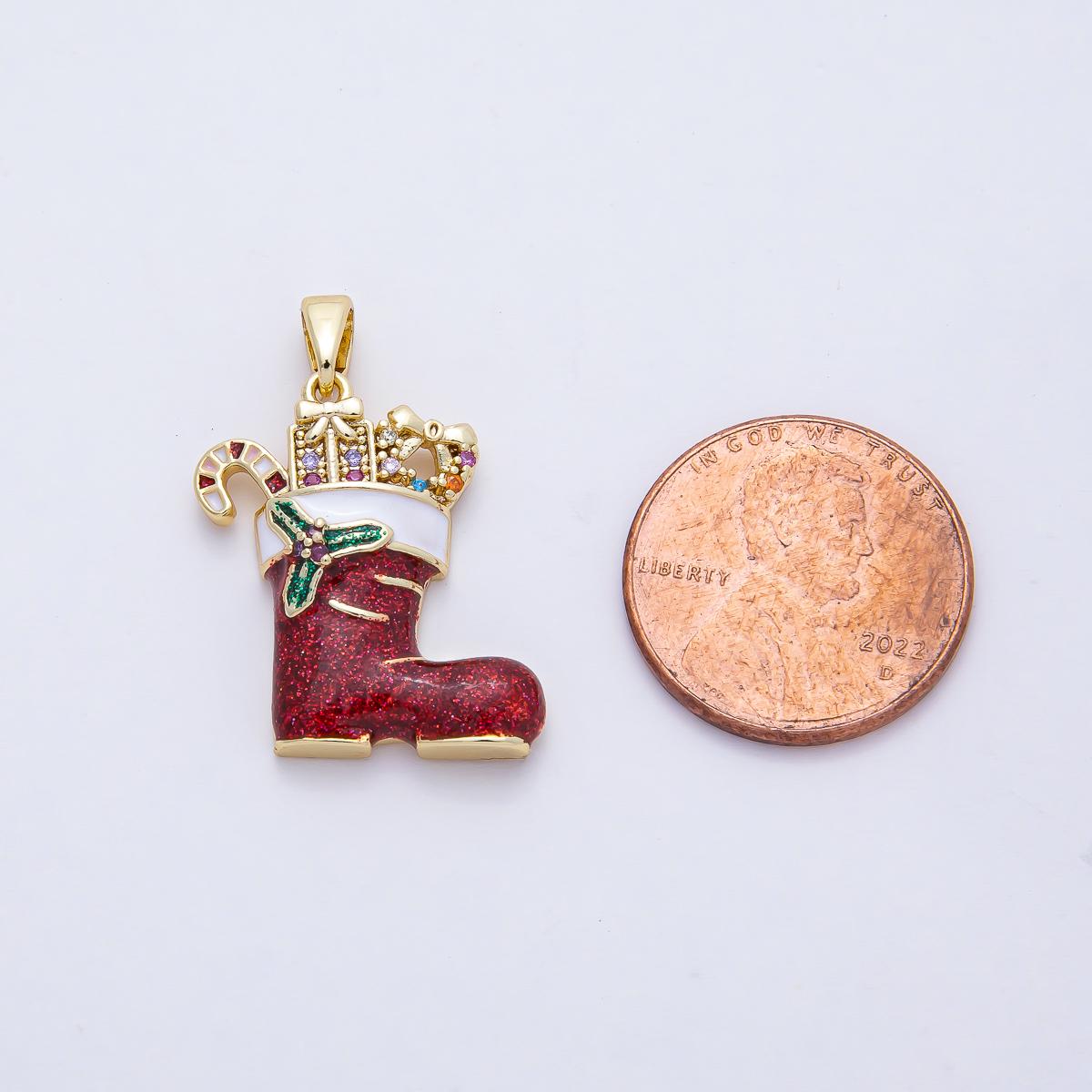 18K Gold Filled 22mm Micro Paved CZ Acrylic Red Santa's Shoe Christmas Pendant Charm Necklace for DIY Jewelry Making Holiday Season | AF1166