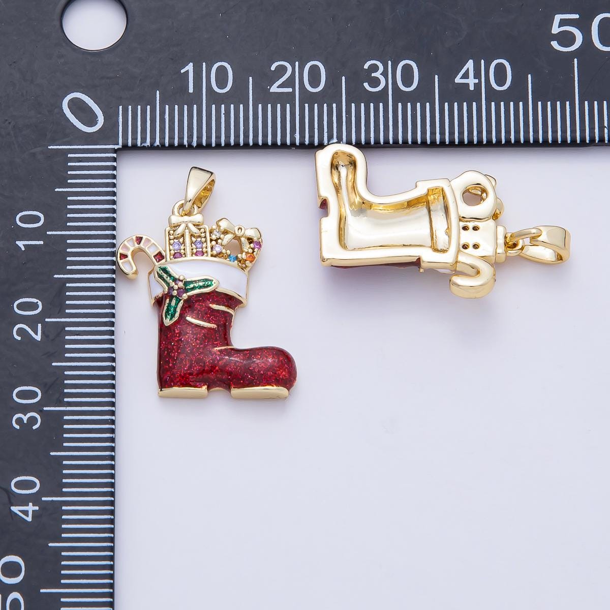 18K Gold Filled 22mm Micro Paved CZ Acrylic Red Santa's Shoe Christmas Pendant Charm Necklace for DIY Jewelry Making Holiday Season | AF1166