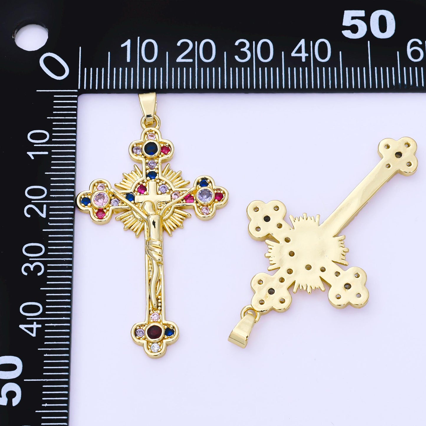 24k gold filled cross pendant, multicolor Blue purple pink cubic zirconia cz christian catholic jewelry supply AA-1568