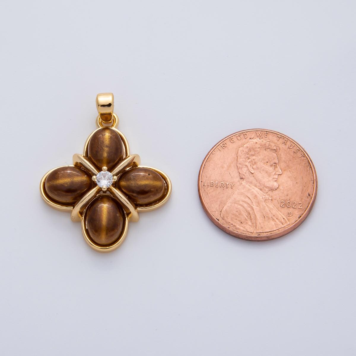 18K Gold Filled Clear CZ Tiger Eye Natural Gemstone Tied Clover Pendant Lucky Brown Charm Necklace Jewelry Making | AF1167