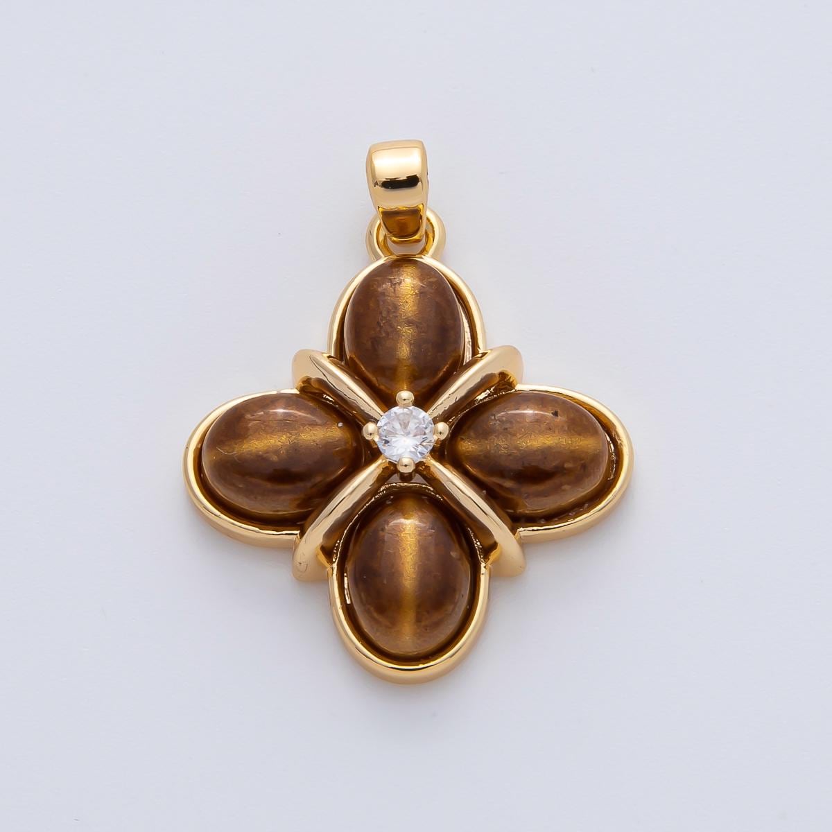 18K Gold Filled Clear CZ Tiger Eye Natural Gemstone Tied Clover Pendant Lucky Brown Charm Necklace Jewelry Making | AF1167