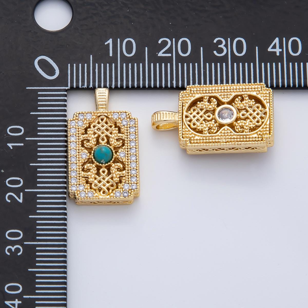 18K Gold Filled Turquoise Micro Paved CZ Artisan Tag Pendant Old Century Magical Gold and Rhinestones DIY Jewelry Making Necklace | AF1168