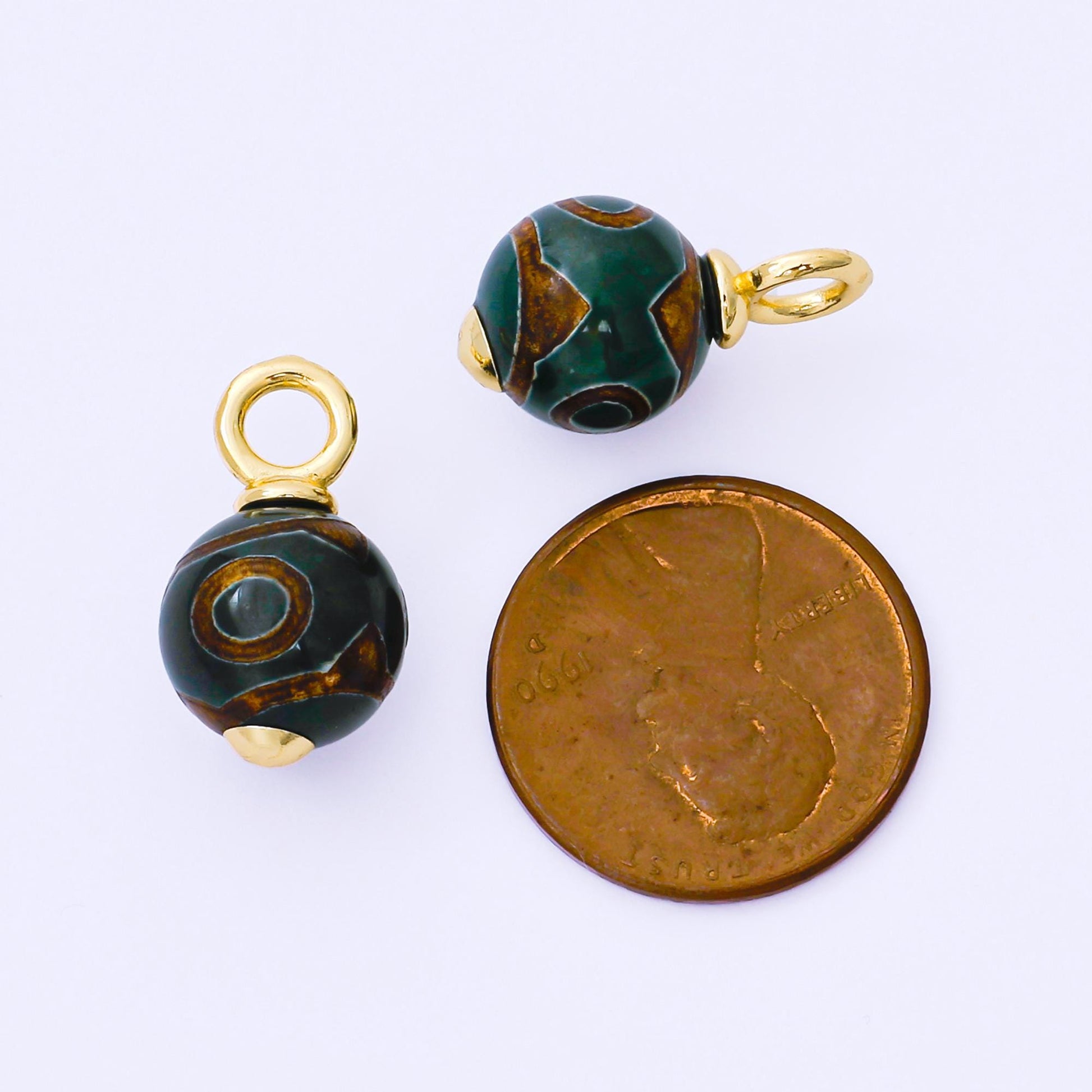 24K Gold Filled 18mm Brown Agate Gemstone Round Drop Charm | AF1301