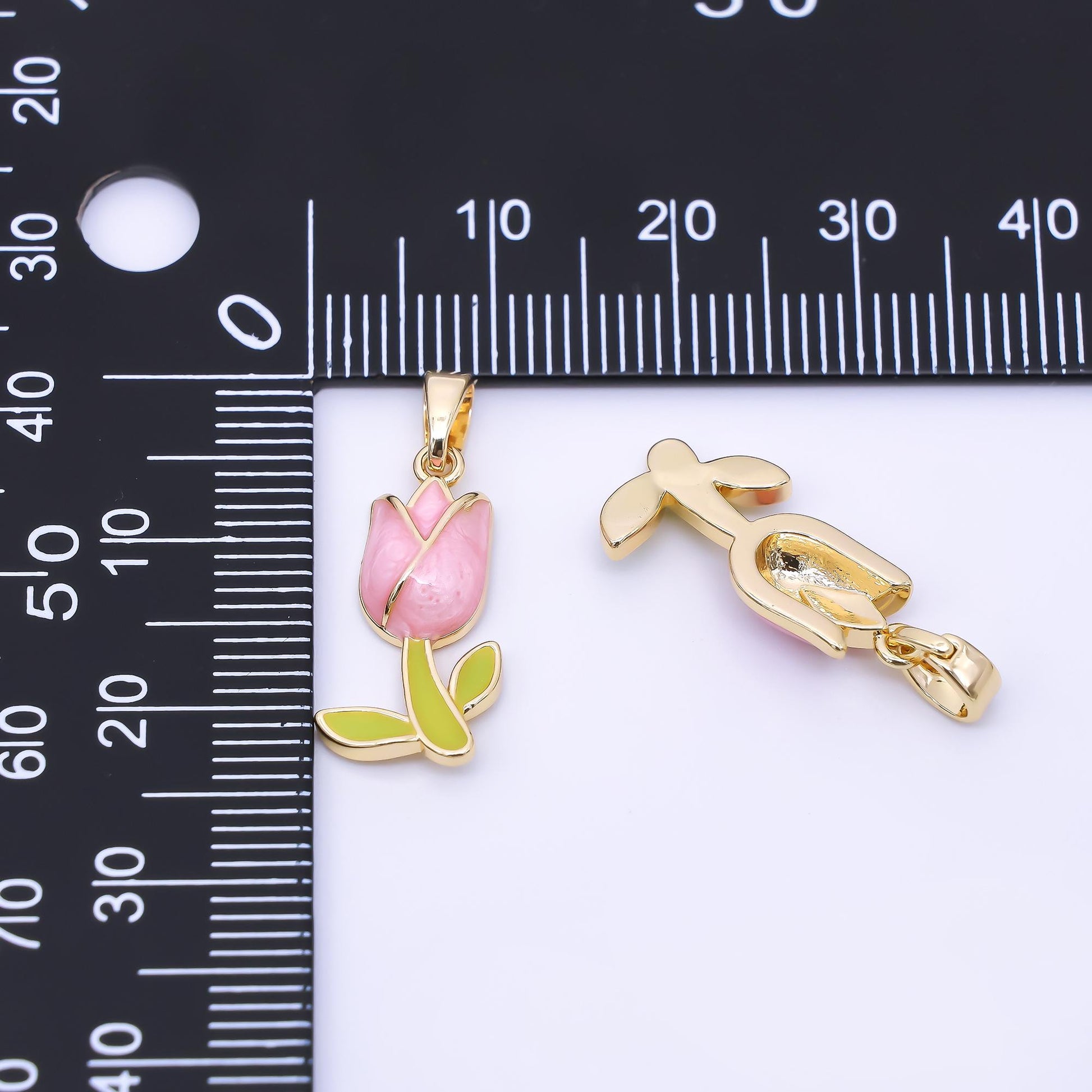 24K Gold Filled 19mm Pastel Enamel Romantic Pink Tulip Flower Pendant Netherland Inspired | AA1642