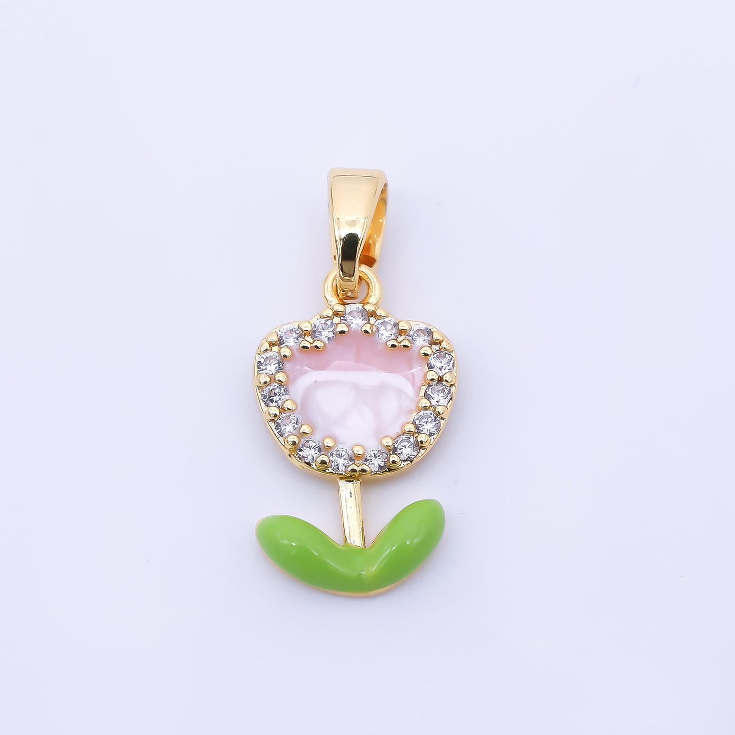 24K Gold Filled 15mm Micro Paved CZ Enamel Pink Lovely Flower Pendant | AA1643