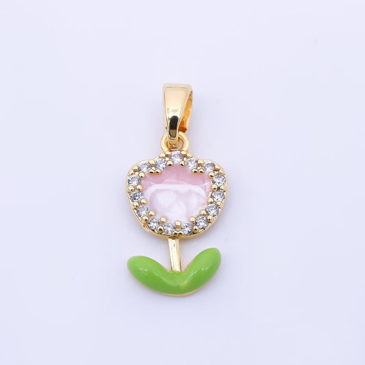 24K Gold Filled 15mm Micro Paved CZ Enamel Pink Lovely Flower Pendant | AA1643