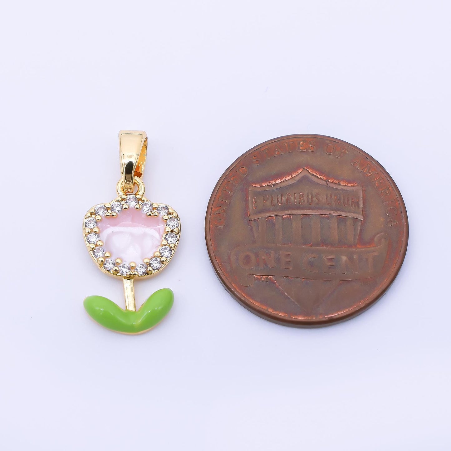 24K Gold Filled 15mm Micro Paved CZ Enamel Pink Lovely Flower Pendant | AA1643