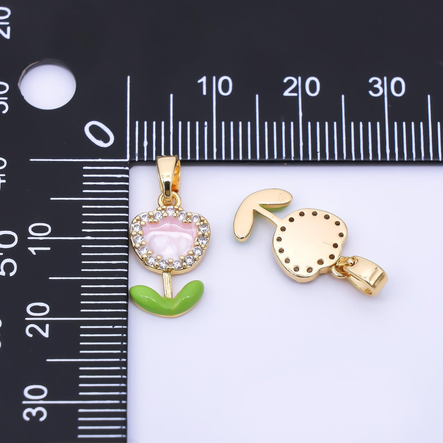 24K Gold Filled 15mm Micro Paved CZ Enamel Pink Lovely Flower Pendant | AA1643