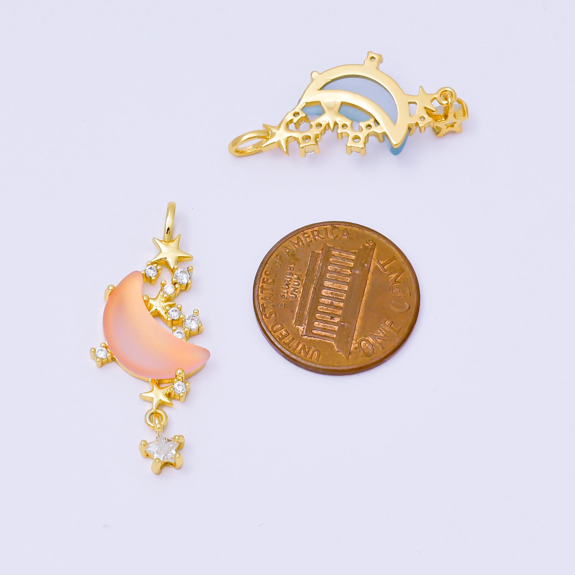 24K Gold Filled 27.5mm Micro Paved CZ Blue, Pink, Clear Stars Moonlight Set Drop Pendant | AA1628 AA1629
