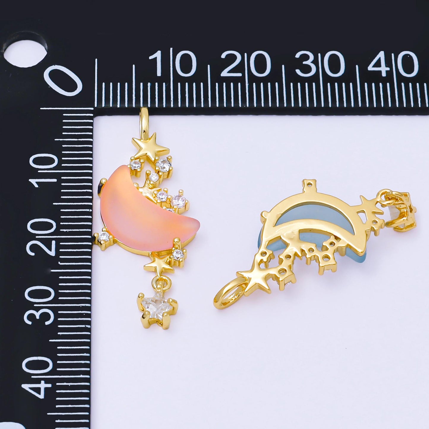 24K Gold Filled 27.5mm Micro Paved CZ Blue, Pink, Clear Stars Moonlight Set Drop Pendant | AA1628 AA1629