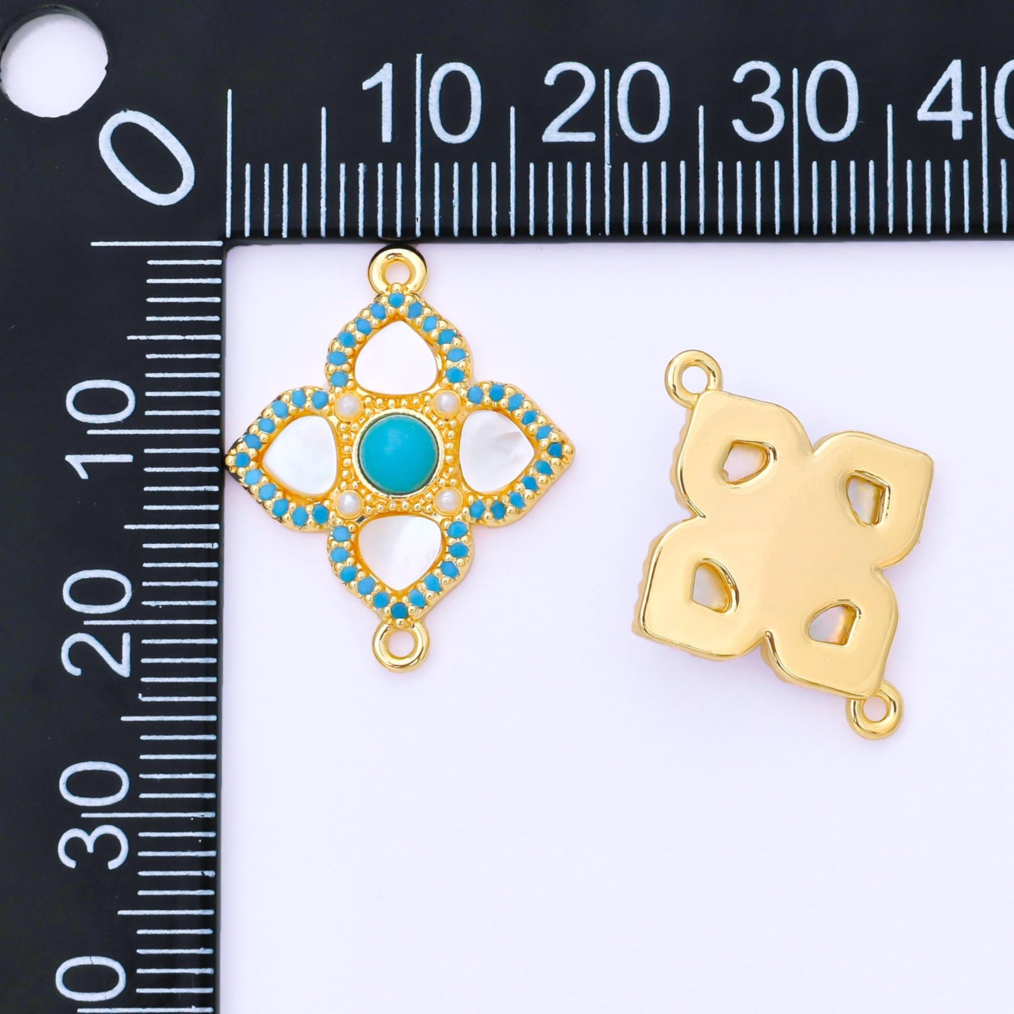 24K Gold Filled 23mm Blue Micro Paved CZ Mother of Pearl 4-Leaf Lucky Clover Charm Connector | Y-062