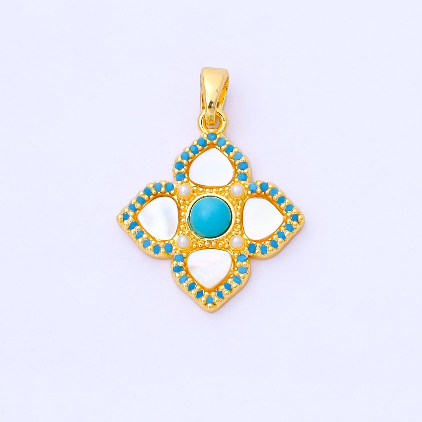 24K Gold Filled 20.5mm Blue Micro Paved CZ Mother of Pearl 4-Leaf Lucky Clover Charm | AA1650