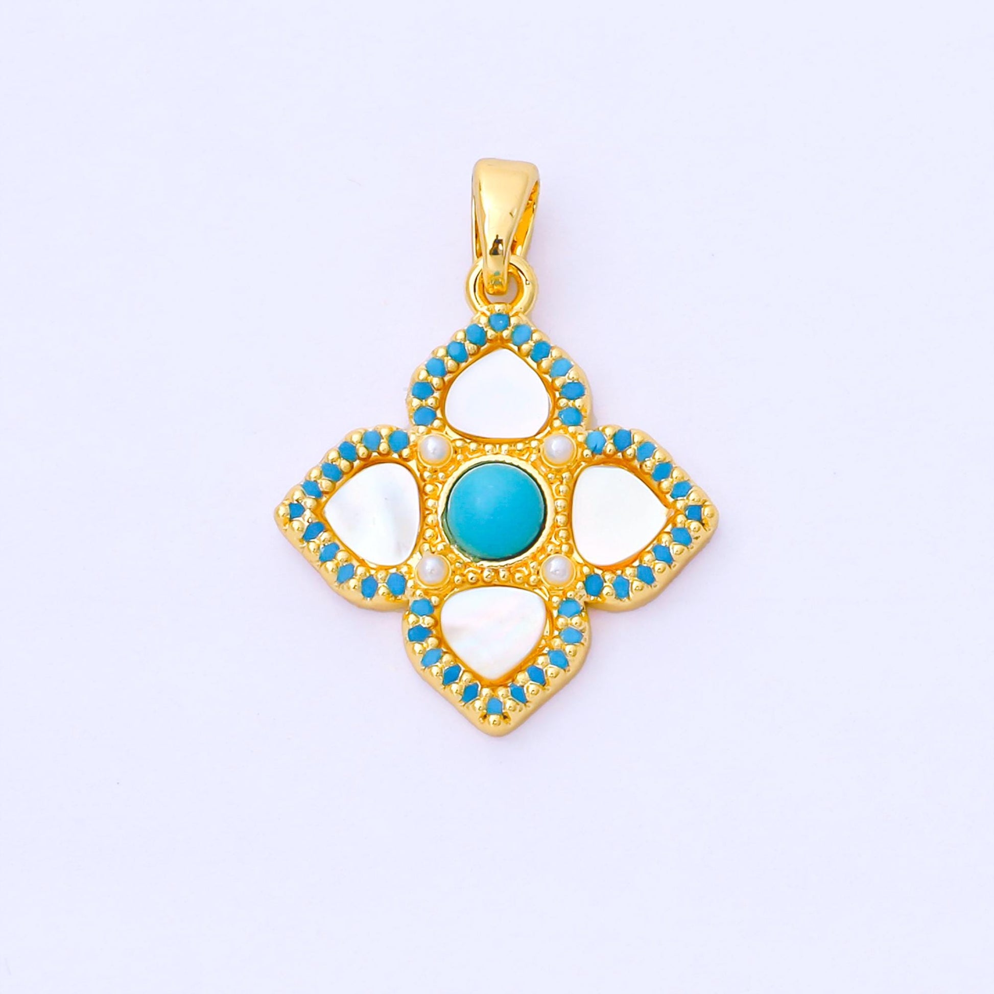24K Gold Filled 20.5mm Blue Micro Paved CZ Mother of Pearl 4-Leaf Lucky Clover Charm | AA1650
