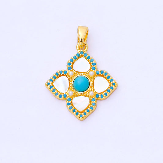 24K Gold Filled 20.5mm Blue Micro Paved CZ Mother of Pearl 4-Leaf Lucky Clover Charm | AA1650