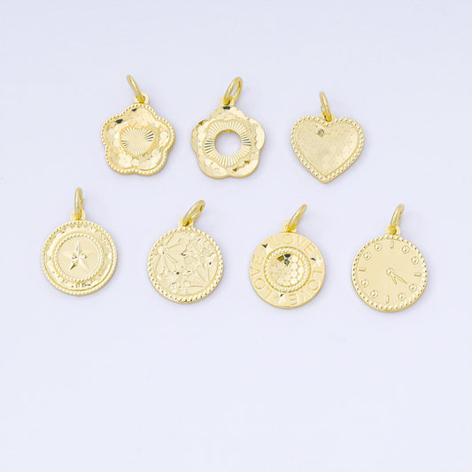 24K Gold Filled 14mm Flowers, Heart, Star Golden Coin Drop Charm | AF1529 ~ AF1531