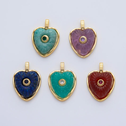 18K Gold Filled 22.6mm Amazon, Amethyst, Lapis Gemstone Sunburst Heart Jewelry Pendant Supply Lovely Gemstone DIY Necklace Bracelet | AF1161