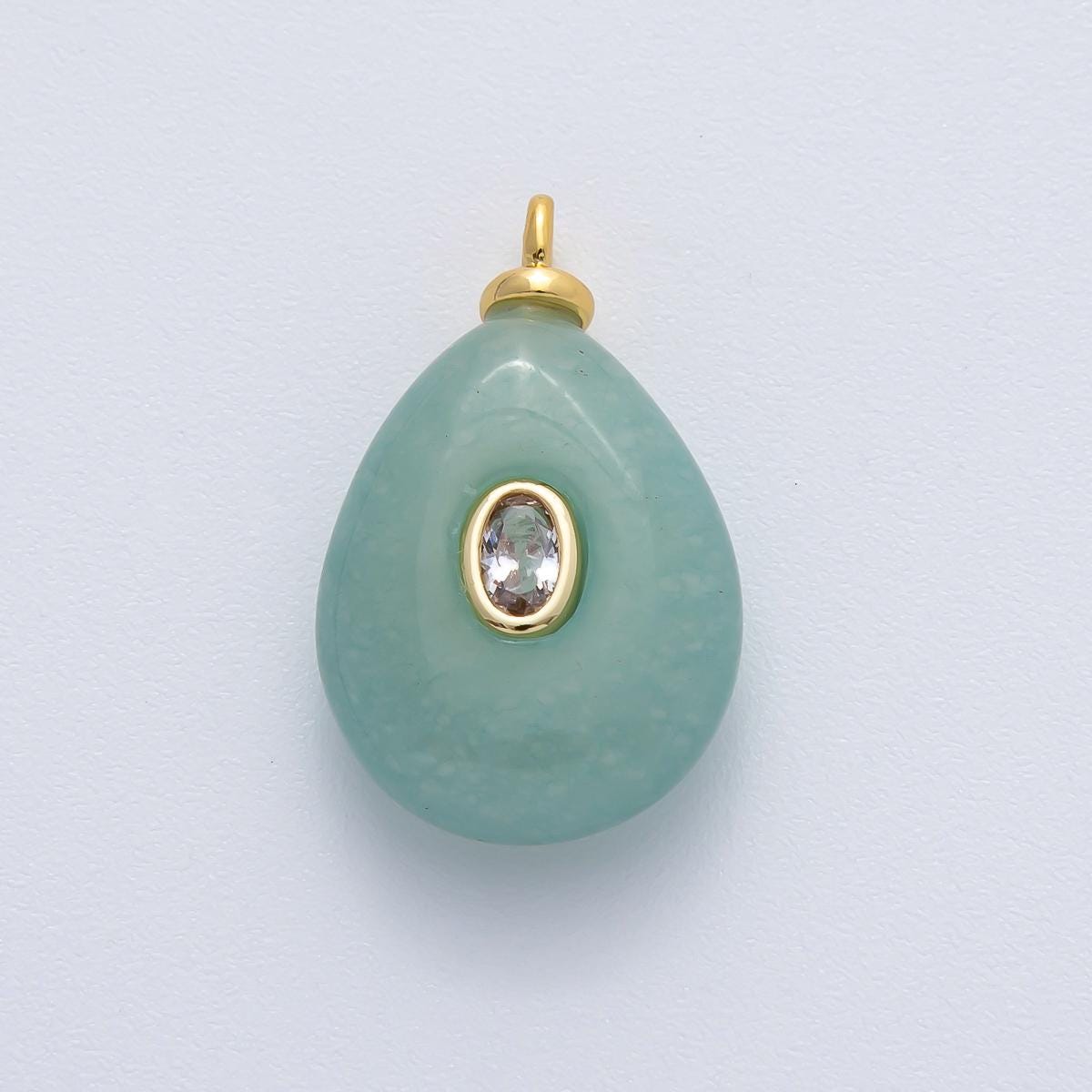18K Gold Filled 25.3mm Clear CZ Oval Green Aventurine Teardrop Gemstone Charm Natural Gemstone Pendant DIY Necklace & Bracelet | AF1447