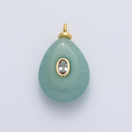 18K Gold Filled 25.3mm Clear CZ Oval Green Aventurine Teardrop Gemstone Charm Natural Gemstone Pendant DIY Necklace & Bracelet | AF1447