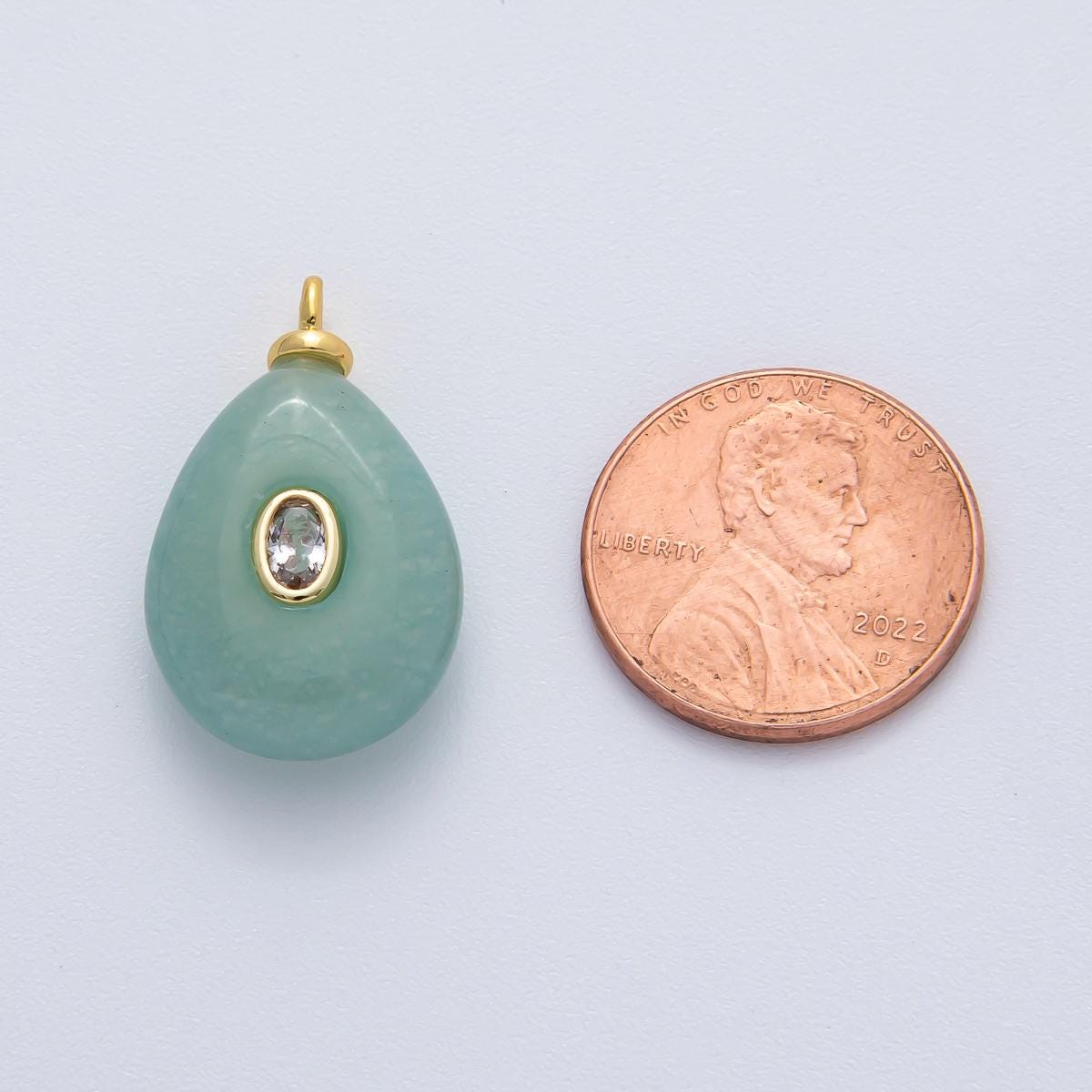 18K Gold Filled 25.3mm Clear CZ Oval Green Aventurine Teardrop Gemstone Charm Natural Gemstone Pendant DIY Necklace & Bracelet | AF1447