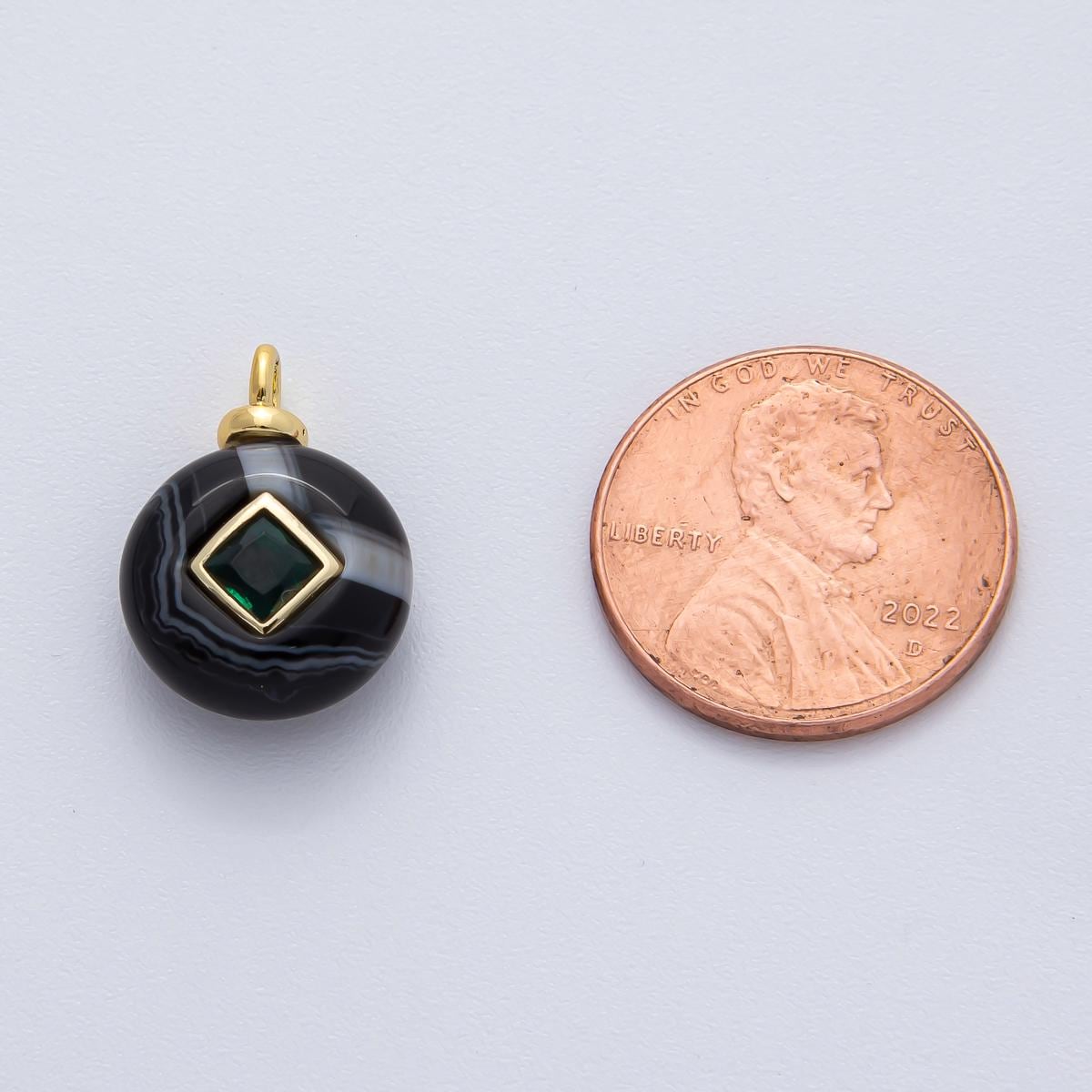 18K Gold Filled 18.1mm Black Agate with Emerald Green CZ Round Natural Gemstone Pendant DIY Jewelry and Accessories Healing Crystal | AF1449