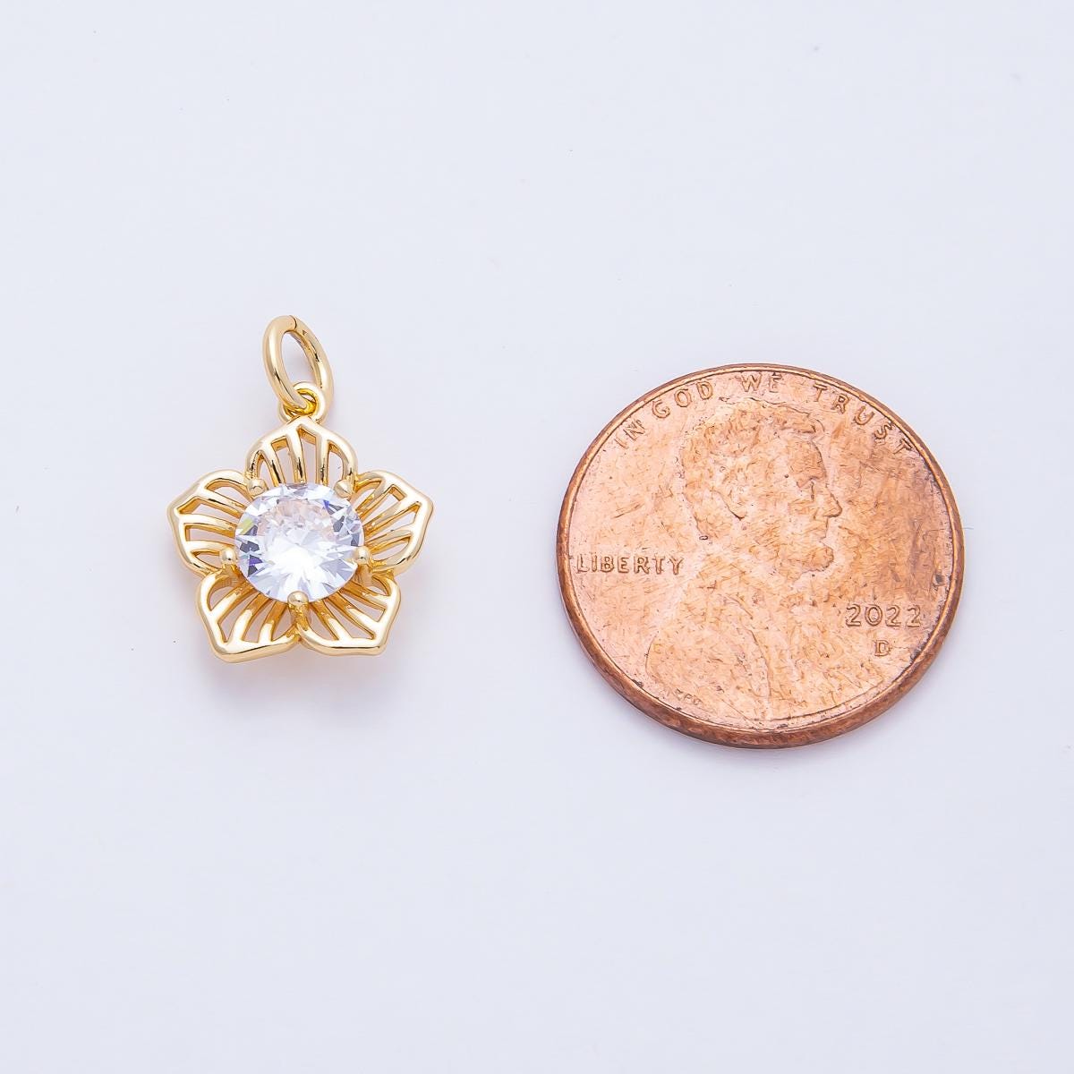 18K Gold Filled 13.9mm Blooming Plumeria Five Petals Flower Round Sparkling CZ Charm DIY Jewelry Supply for for Necklace Design | AF1460