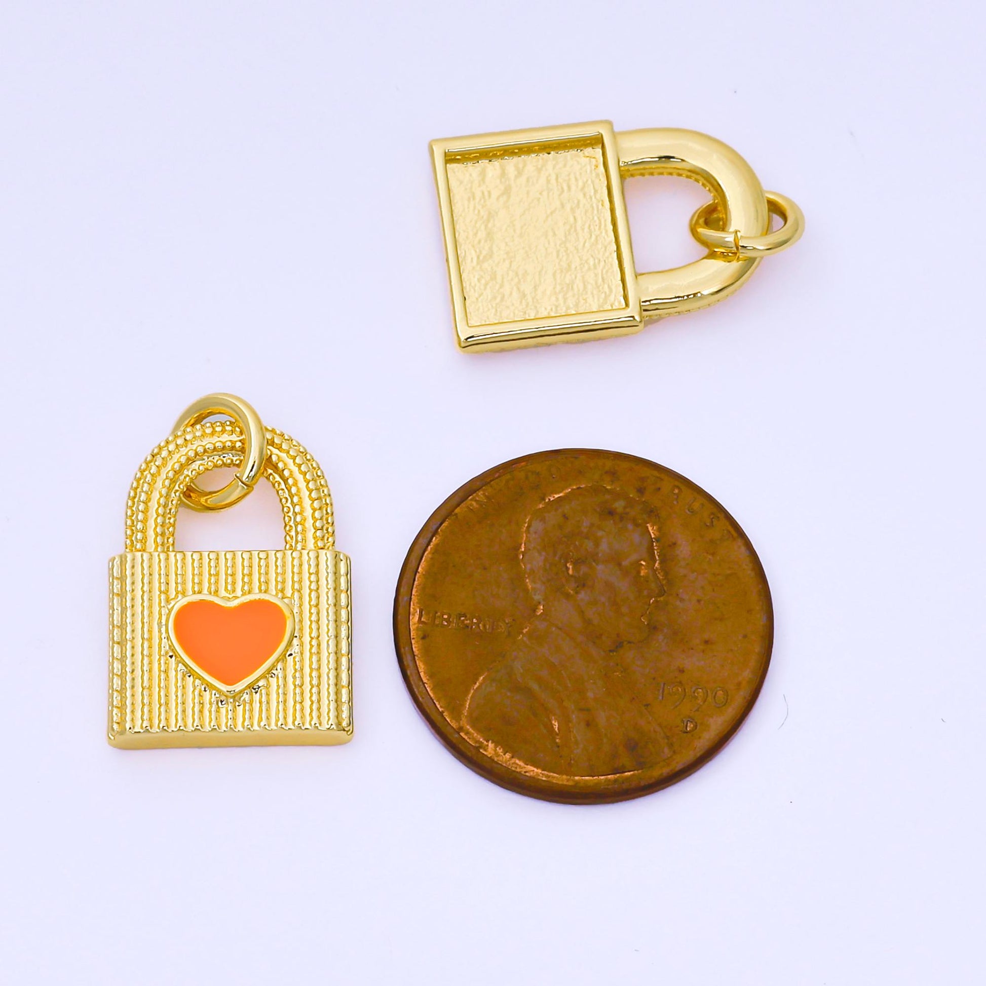 24K Gold Filled 17mm Orange Enamel Heart Dotted Lined Padlock Charm | AF-A1505