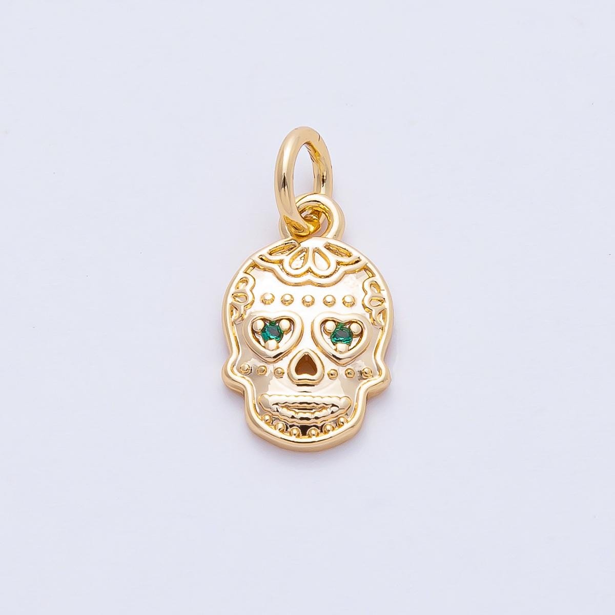 18K Gold Filled 12.5mm Green CZ Dia De Los Muertos Human Dainty Skull Skeleton Head Charm Bracelet Necklace for DIY Jewelry Making | AF1463