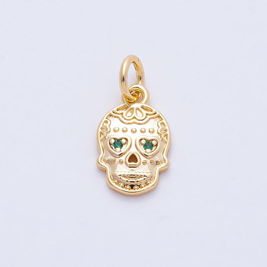 18K Gold Filled 12.5mm Green CZ Dia De Los Muertos Human Dainty Skull Skeleton Head Charm Bracelet Necklace for DIY Jewelry Making | AF1463