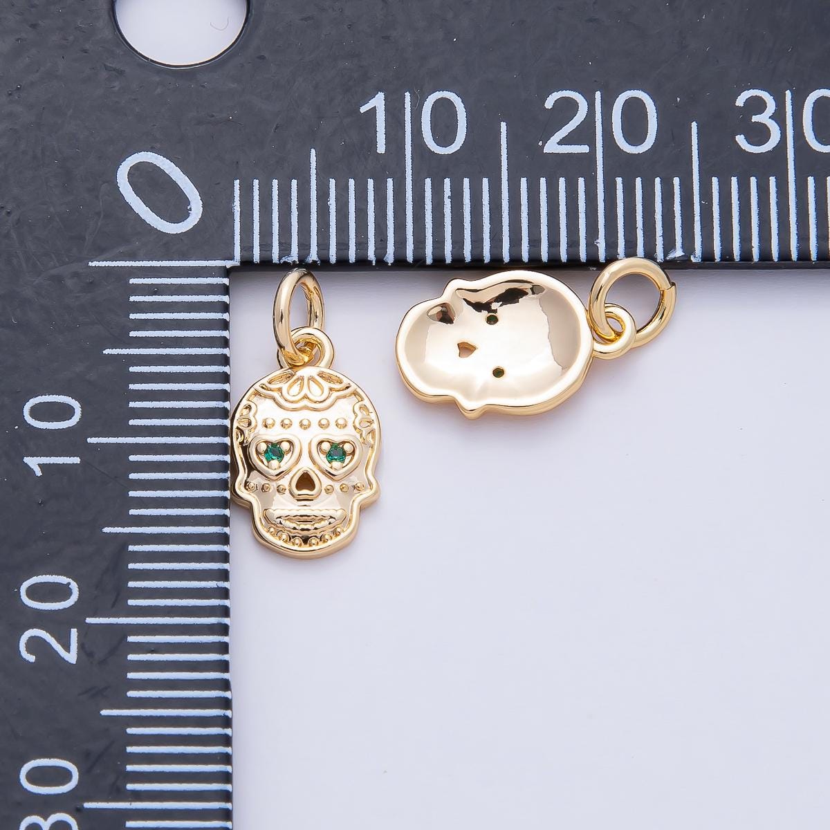 18K Gold Filled 12.5mm Green CZ Dia De Los Muertos Human Dainty Skull Skeleton Head Charm Bracelet Necklace for DIY Jewelry Making | AF1463