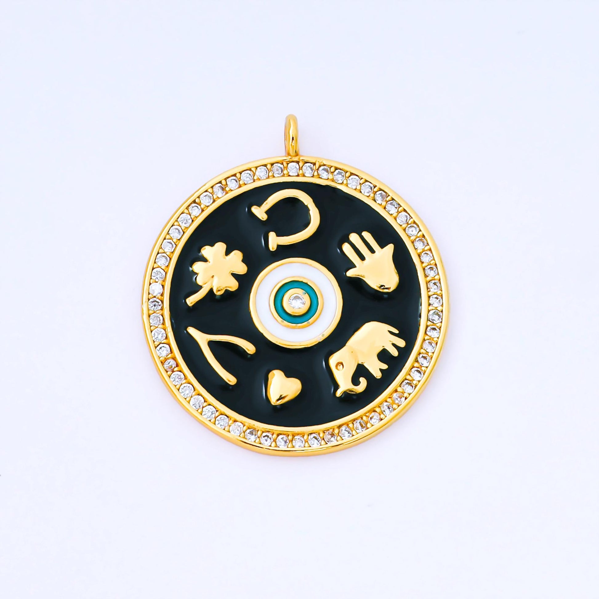 Black Enamel Talisman Charm Necklace, Gold Filled Coin Round Pendant Lucky Medallion Pendant for Necklace Jewelry Making Supply AF-1551
