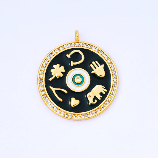 Black Enamel Talisman Charm Necklace, Gold Filled Coin Round Pendant Lucky Medallion Pendant for Necklace Jewelry Making Supply AF-1551