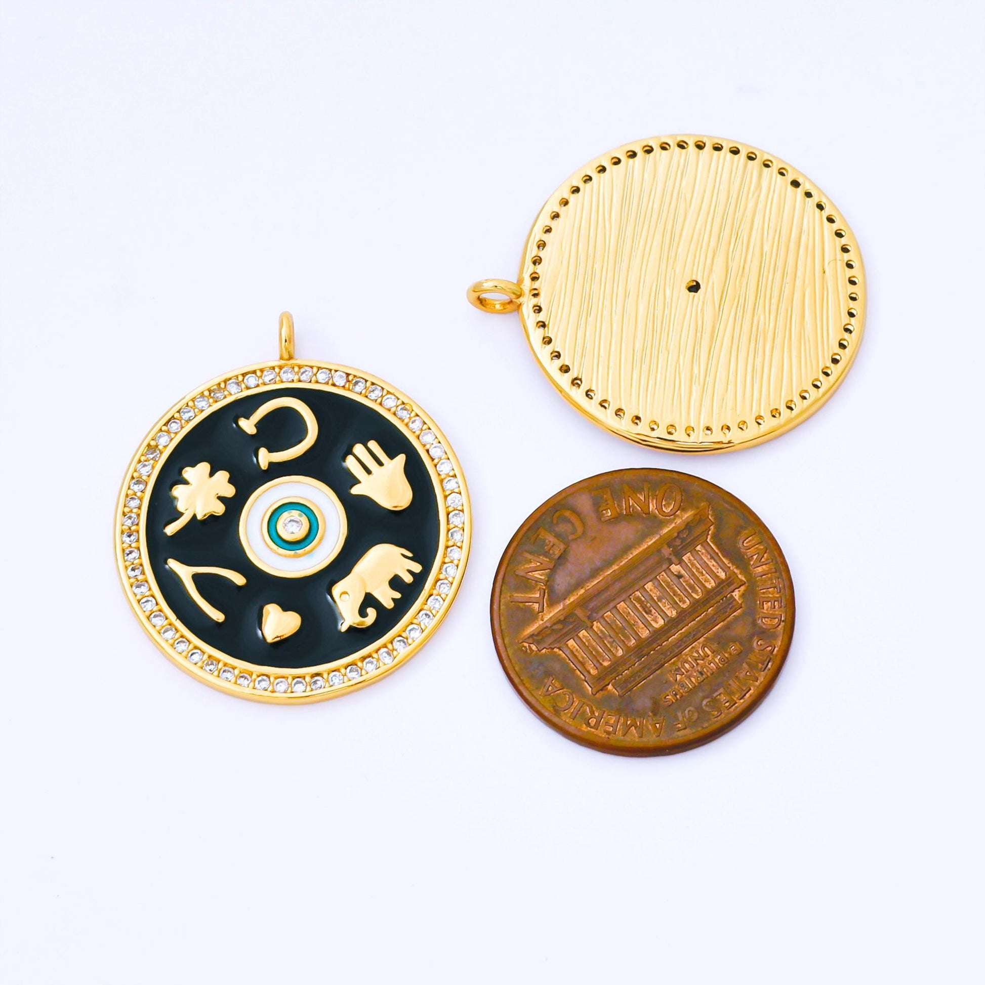 Black Enamel Talisman Charm Necklace, Gold Filled Coin Round Pendant Lucky Medallion Pendant for Necklace Jewelry Making Supply AF-1551