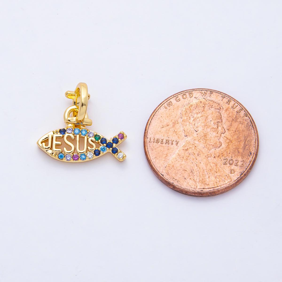 18K Gold Filled 14.8mm Ichthys Jesus Fish Religious Christian Multi Color CZ Charm Bracelet Necklace for DIY Jewelry Making Supply | AF1464