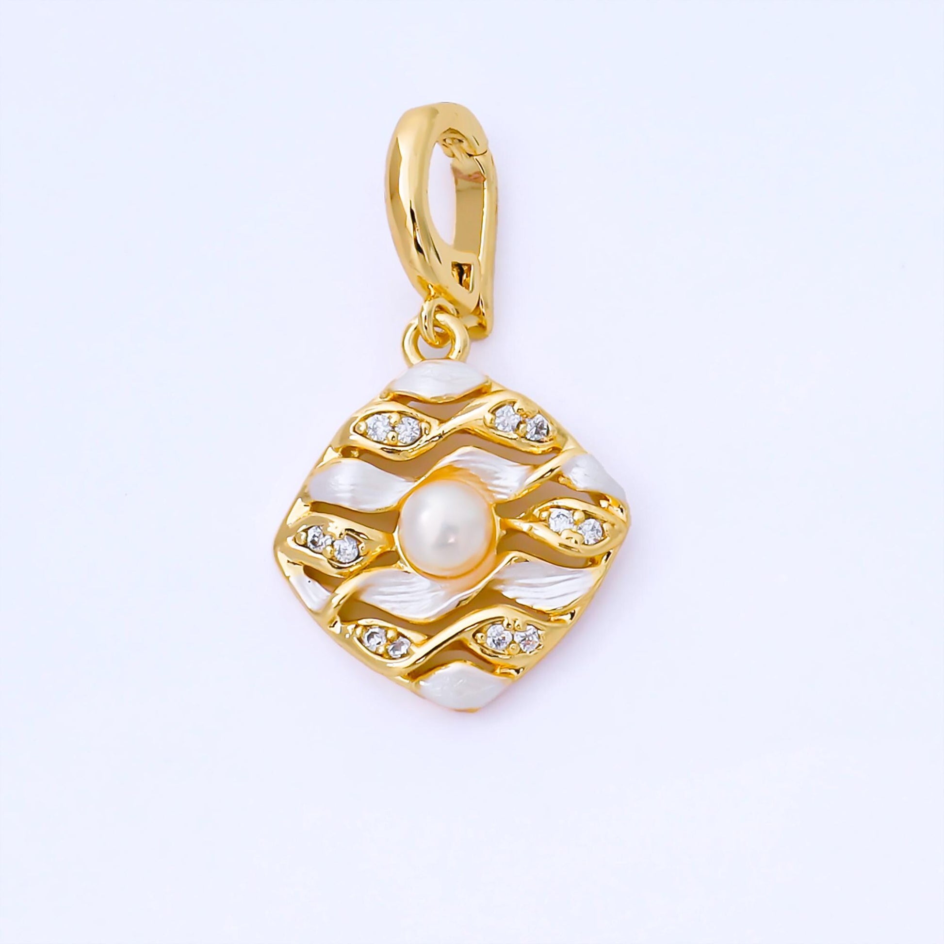 24K Gold Filled 18mm Micro Paved CZ Shell Pearl Wavy Rhombus Tag Pendant | AA1655